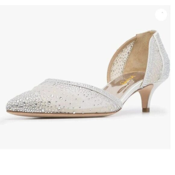 XYD Women's Pumps,Elegant Pointed Toe,Kitten Low Heels, Rhinestone Studs Ivory - Picture 1 of 7